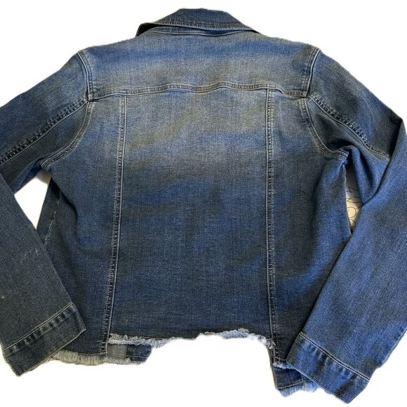 Baccini Vintage Classic Faded Denim Jean Jacket Fray Hem Uneven Cut Lt Wash Med - Picture 2 of 10